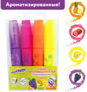 Набор текстовыделителей ЮНЛАНДИЯ 4 шт., АССОРТИ, &quot;ФРУКТЫ&quot;, АРОМАТИЗИРОВАННЫЕ, линия 1-5 мм, 151908