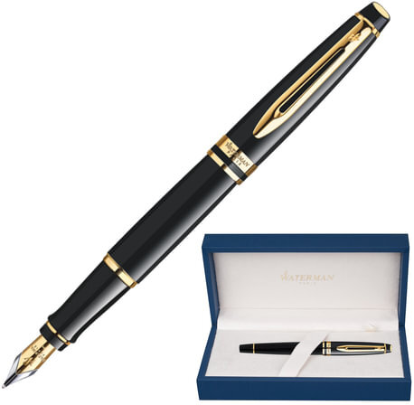 Ручка подарочная перьевая WATERMAN "Expert 3 Black Lacquer GT", черный лак, позолоченные детали, синяя, S0951640