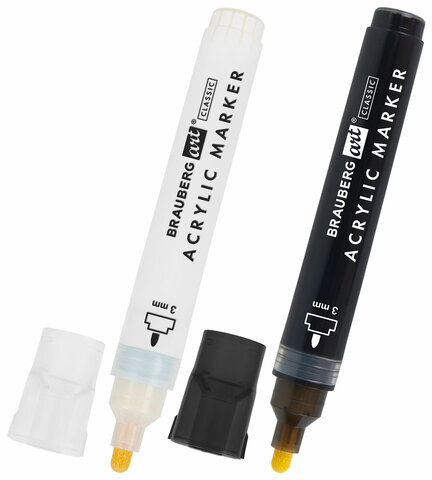 Маркеры акриловые для рисования и хобби, 2 цвета ЧЕРНЫЙ/БЕЛЫЙ, линия 3 мм, BRAUBERG ART, 152529