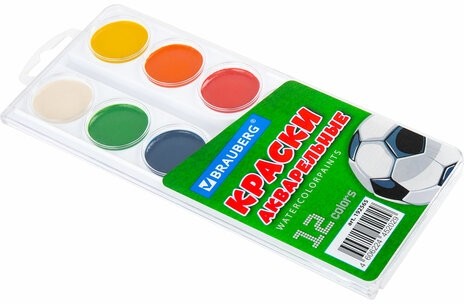 Краски акварельные BRAUBERG 12 цветов "Футбол", медовые, круглые кюветы, 192565