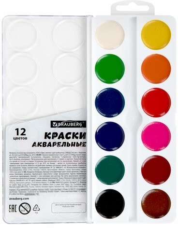 Краски акварельные BRAUBERG 12 цветов "Футбол", медовые, круглые кюветы, 192565
