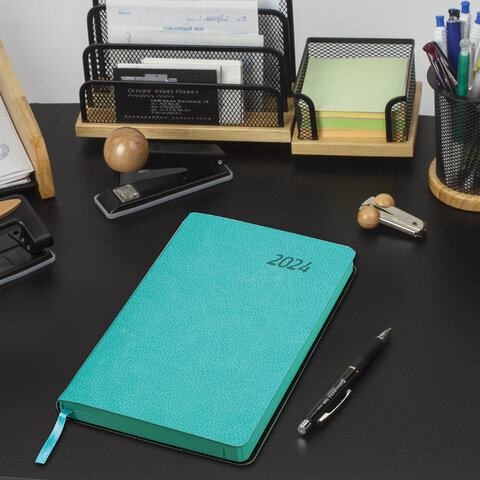 Ежедневник датированный 2024 А5 138x213 мм BRAUBERG "Stylish", под кожу, гибкий, бирюзовый, 114893