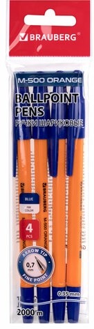 Ручки шариковые BRAUBERG "M-500 ORANGE", НАБОР 4 шт., СИНИЕ, узел 0,7 мм, линия письма 0,35 мм, 143950