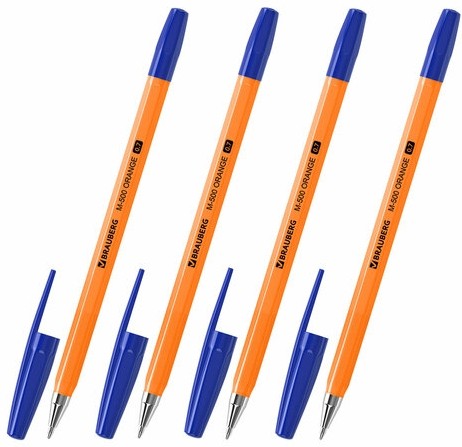 Ручки шариковые BRAUBERG "M-500 ORANGE", НАБОР 4 шт., СИНИЕ, узел 0,7 мм, линия письма 0,35 мм, 143950