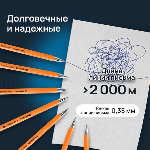 Ручки шариковые BRAUBERG "M-500 ORANGE", НАБОР 4 шт., СИНИЕ, узел 0,7 мм, линия письма 0,35 мм, 143950