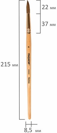 Кисть ПИФАГОР, БЕЛКА, круглая, № 6, деревянная лакированная ручка, с колпачком, пакет с подвесом, 200820