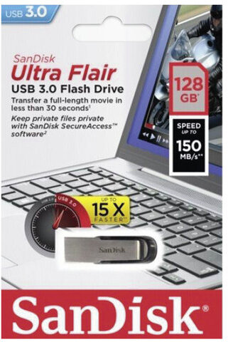 Флеш-диск 128 GB, SANDISK Ultra Flair, USB 3.0, металлический корпус, серебристый, SDCZ73-128G-G46
