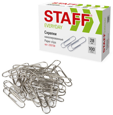 Скрепки STAFF "EVERYDAY", 28 мм, никелированные, 100 шт., в картонной коробке, 226758
