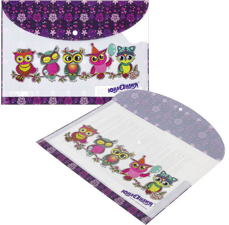 Папка-конверт с кнопкой ЮНЛАНДИЯ "Умные совы", А4, 160 мкм, до 100 листов, цветная печать, 228047