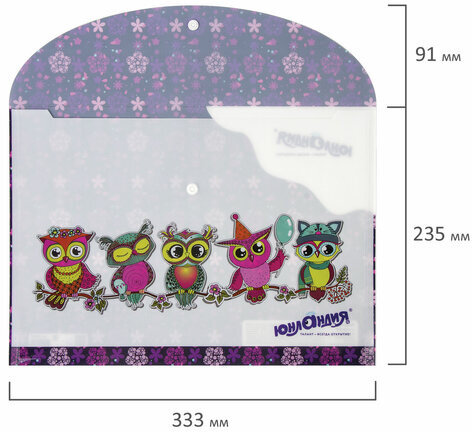 Папка-конверт с кнопкой ЮНЛАНДИЯ "Умные совы", А4, 160 мкм, до 100 листов, цветная печать, 228047