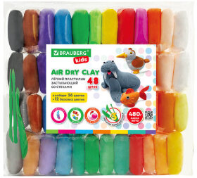 Пластилин супер лёгкий застывающий 48 шт. (36 цветов + 12 базовых), 480 г, 3 стека, BRAUBERG KIDS, 106310