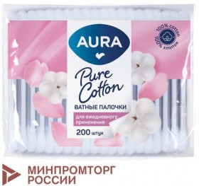 Ватные палочки КОМПЛЕКТ 200 шт., AURA, пакет, 13141