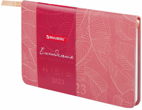 Еженедельник датированный 2023 МАЛЫЙ ФОРМАТ 95х155 мм А6, BRAUBERG "Foliage", под кожу, розовый, 113981