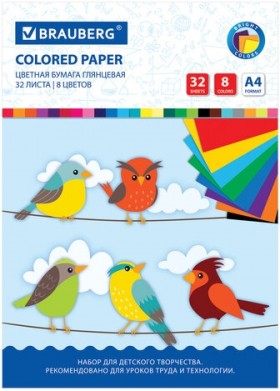 Цветная бумага А4 мелованная, 32 листа, 8 цветов, на скобе, BRAUBERG, 200х280 мм, &quot;Птицы&quot;, 115488