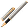 Ручка-роллер PARKER "IM Core Brushed Metal GT", корпус серебристый матовый лак, позолоченные детали, черная, 1931663