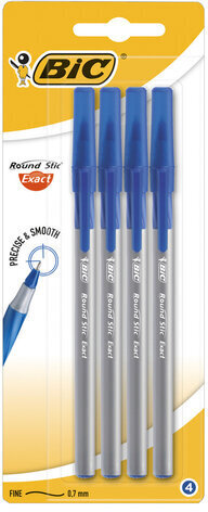 Ручки шариковые с грипом BIC "Round Stic Exact", НАБОР 4 шт., СИНИЕ, линия письма 0,28 мм, блистер, 932857