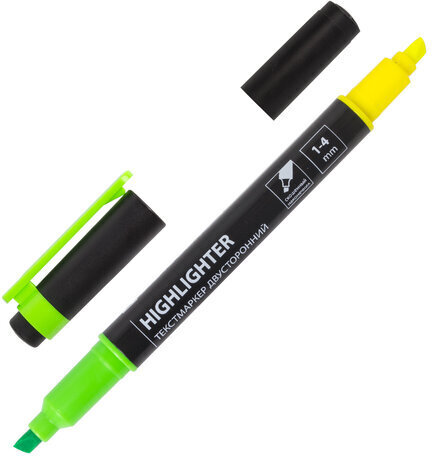 Текстовыделитель двусторонний BRAUBERG, ЖЕЛТЫЙ/ЗЕЛЕНЫЙ, линия 1-4 мм, 150841