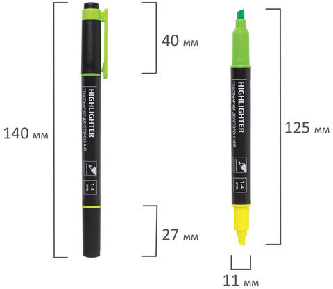 Текстовыделитель двусторонний BRAUBERG, ЖЕЛТЫЙ/ЗЕЛЕНЫЙ, линия 1-4 мм, 150841