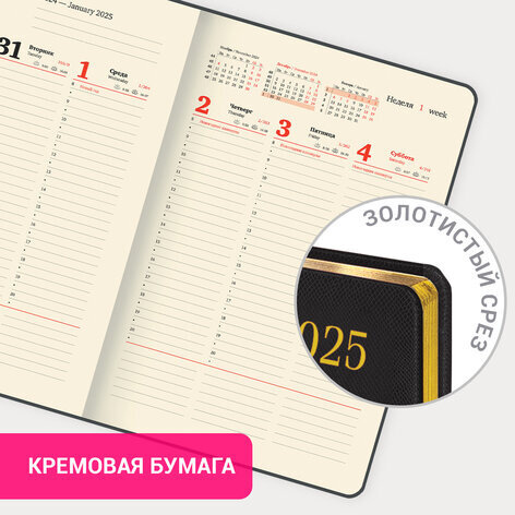 Еженедельник датированный 2025, 210х297 мм, А4, BRAUBERG "Iguana", под кожу, черный, 115947