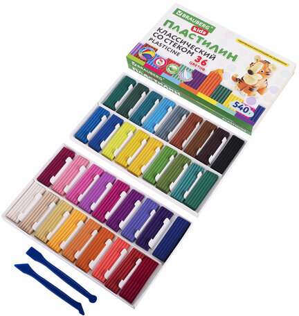 Пластилин классический BRAUBERG KIDS, 36 цветов, 540 грамм, стек, ВЫСШЕЕ КАЧЕСТВО, 106678
