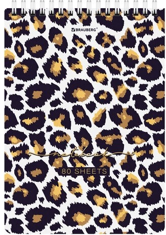 Блокнот А5 (146х206 мм), 80 л., гребень, картон, жесткая подложка, клетка, BRAUBERG, "Leopard", 114383