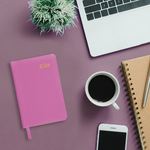 Ежедневник датированный 2024 МАЛЫЙ ФОРМАТ 100х150 мм А6, BRAUBERG "Select", балакрон, розовый, 114794