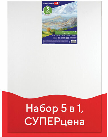 Холсты на подрамнике BRAUBERG ART CLASSIC, НАБОР 5шт, грунтованные, 100%хлопок, среднее зерно,190650