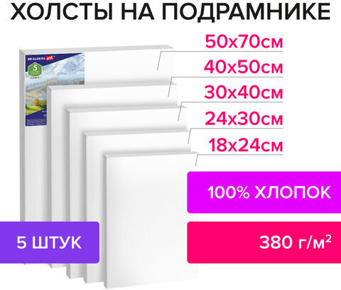 Холсты на подрамнике BRAUBERG ART CLASSIC, НАБОР 5шт, грунтованные, 100%хлопок, среднее зерно,190650