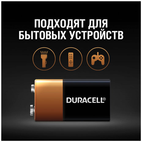 Батарейка DURACELL Basic, 6LR61 (КРОНА), Alkaline, 1 шт., в блистере, 9 В