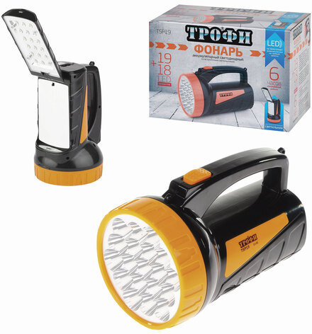 Фонарь-прожектор светодиодный ТРОФИ TSP19, 19 х LED + 18 x LED, 2 режима, аккумуляторный, заряд от 220 V