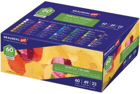 Краски акриловые художественные, НАБОР 60 штук, 49 цветов, в тубах по 22 мл, BRAUBERG ART CLASSIC, 192246