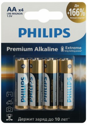 Батарейки алкалиновые &quot;пальчиковые&quot; КОМПЛЕКТ 4 шт., PHILIPS Premium Alkaline, АА (LR6, 24А), блистер, Б0062753