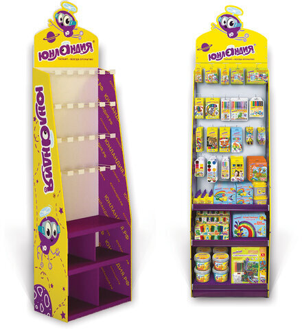 Стойка для размещения товара напольная ЮНЛАНДИЯ, 200х60х40 см, 3 полки, 25 крючков, картон, 503691