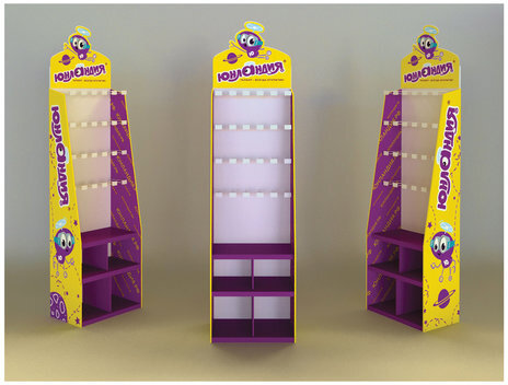 Стойка для размещения товара напольная ЮНЛАНДИЯ, 200х60х40 см, 3 полки, 25 крючков, картон, 503691