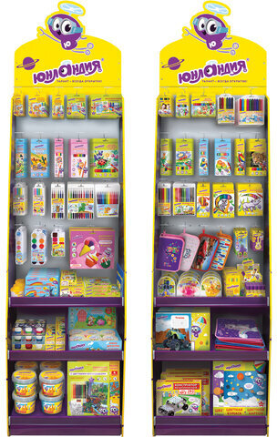 Стойка для размещения товара напольная ЮНЛАНДИЯ, 200х60х40 см, 3 полки, 25 крючков, картон, 503691