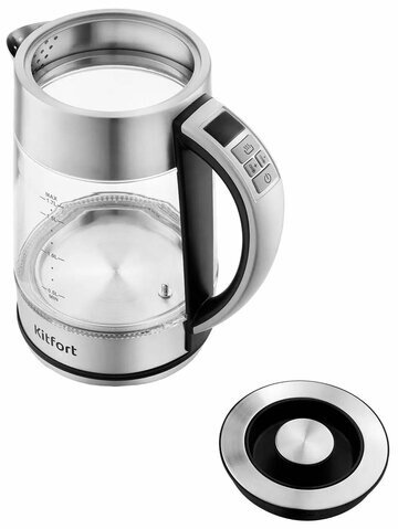 Чайник KITFORT КТ-690, 1,7 л, 2200 Вт, закрытый нагревательный элемент, LED дисплей, ТЕРМОРЕГУЛЯТОР, стекло, серебро