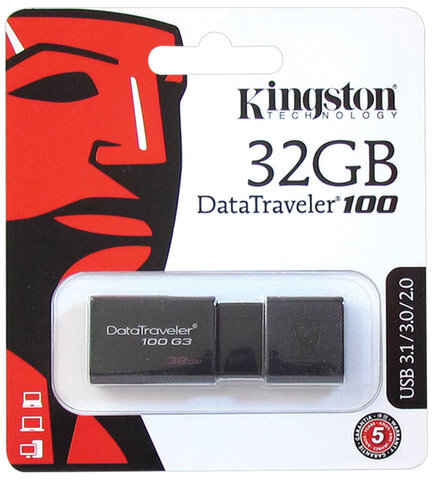 Флеш-диск 32 GB KINGSTON DataTraveler 100 G3 USB 3.0, черный, DT100G3/32GB