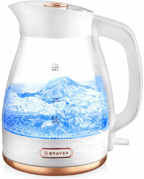 Чайник BRAYER BR1029, 1,7 л, 2200 Вт, закрытый нагревательный элемент, стекло, белый