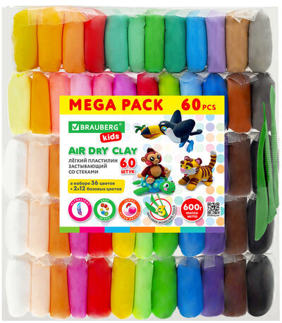 Пластилин супер лёгкий застывающий 60 шт. (36 цветов + 2 х 12 базовых), 600 г, 3 стека, BRAUBERG KIDS, 106311