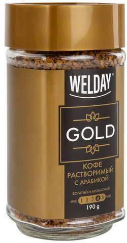 Кофе растворимый WELDAY "Gold", сублимированный, 190 г, стеклянная банка, 622674