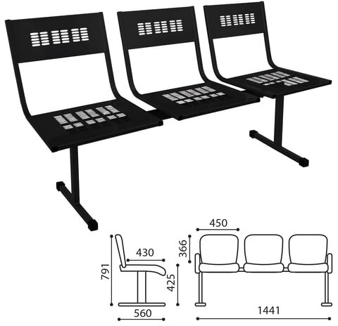 Кресло для посетителей трехсекционное "М-стайл", цвет черный