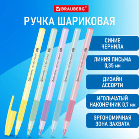 Ручка шариковая с грипом BRAUBERG &quot;i-STICK POINT PASTEL&quot;, СИНЯЯ, корпус ассорти, игольчатый узел 0,7 мм, линия письма 0,35 мм, 144023