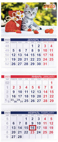 Календарь квартальный с бегунком 2023 г., 3 блока, 3 гребня, ОФИС, &quot;Котенок&quot;, HATBER, 3Кв3гр3_11865