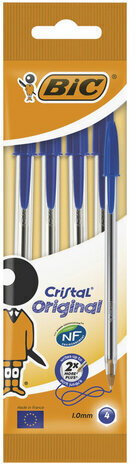 Ручки шариковые BIC, набор 4 шт., "Cristal Original", пластиковая упаковка с европодвесом, синие, 8308601