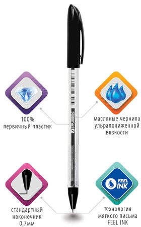 Ручка шариковая масляная BRAUBERG "Rite-Oil", ЧЕРНАЯ, корпус прозрачный, узел 0,7 мм, линия письма 0,35 мм, 142147