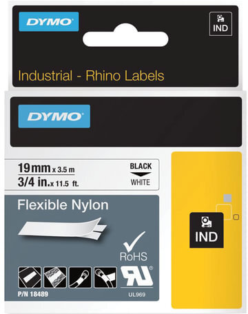 Картридж для принтеров этикеток DYMO Rhino, 19 мм х 3,5 м, лента нейлоновая, чёрный шрифт, неровная поверхность, белая, 18489