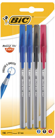 Ручки шариковые с грипом BIC &quot;Round Stic Exact&quot;, НАБОР 4 шт./3 ЦВЕТА (синий, черный, красный), линия письма 0,28 мм, блистер, 932858