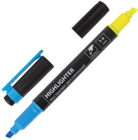 Текстовыделитель двусторонний BRAUBERG, ЖЕЛТЫЙ/ГОЛУБОЙ, линия 1-4 мм, 150842