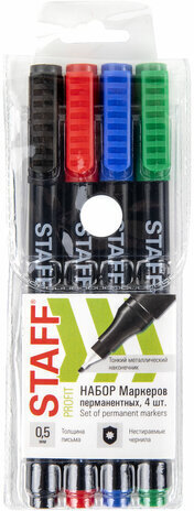 Маркер перманентный НАБОР 4 ЦВЕТА, STAFF "Profit PM-105", тонкий металлический наконечник 0,5 мм, 152173
