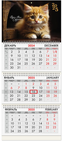 Календарь квартальный на 2025 г., 3 блока, 3 гребня, с бегунком, офсет, BRAUBERG, "Котенок", 116106